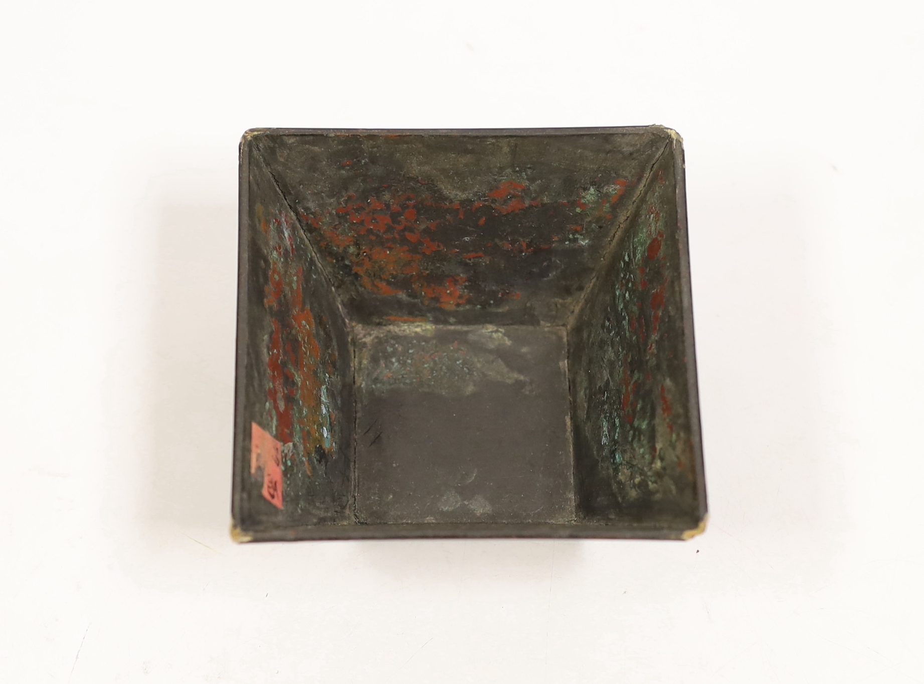 A Chinese Kangxi period lac burgaute (lacquer) vessel, top of vessel 10cm square